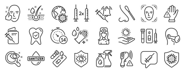 Set of Medical icons, such as Blood and saliva test, Healthy face, Coronavirus pandemic icons. Sun protection, Coronavirus, Medical mask signs. Hand sanitizer, Covid test, Washing hands. Vector