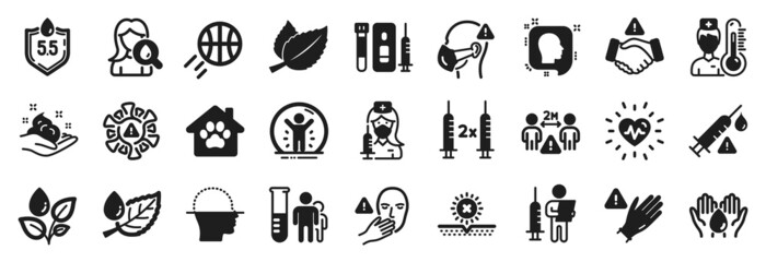 Set of Healthcare icons, such as Use gloves, Plants watering, Medical analyzes icons. Pet shelter, Basketball, Medical mask signs. Moisturizing cream, Leaf dew, Dont touch. Vaccination. Vector