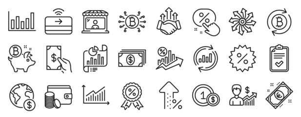 Fototapeta na wymiar Set of Finance icons, such as Checklist, Usd coins, Payment method icons. Receive money, Bitcoin coin, Update data signs. Discount, Bitcoin system, Banking. Discount medal, Column chart. Vector