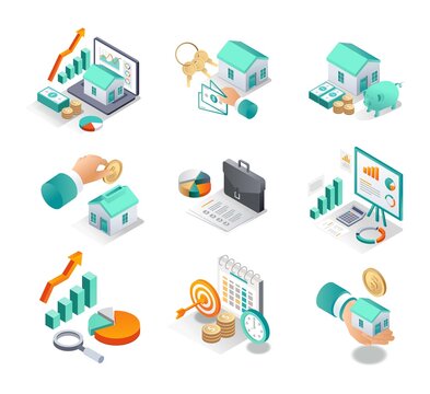 Isometric Icon Sets. Education Home And Real Estate Investing