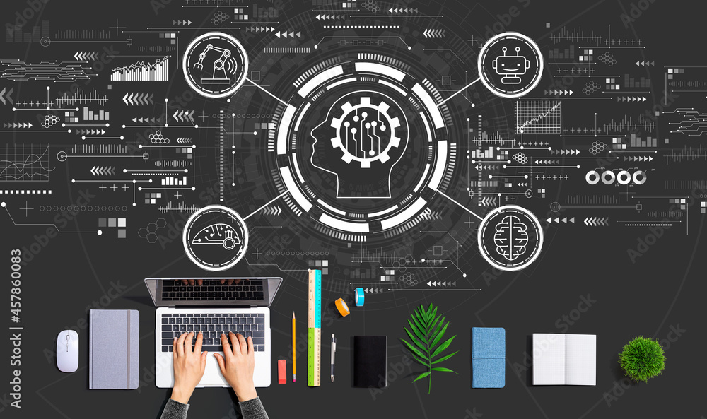 Poster future technology concept with person using a laptop computer