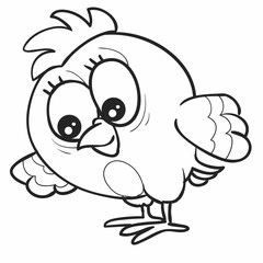 sketch, chicken with big eyes, coloring book, cartoon illustration, isolated object on white background, vector,