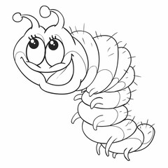 sketch, caterpillar with big eyes, coloring book, cartoon illustration, isolated object on white background, vector,
