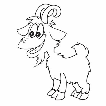 sketch, goat with a beard and big horns, coloring book, cartoon illustration, isolated object on white background, vector,