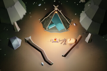 A handmade diy tent for camping in a green forest. survival concept. 3D Illustration