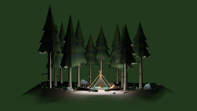 A handmade diy tent for camping in a green forest. survival concept. 3D Illustration