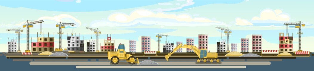 Construction of new microdistrict of city. Sky. Modern residential and industrial buildings. Crane. Tractors. technologies and equipment. Illustration vector