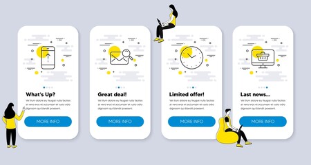 Set of Technology icons, such as Time, Search mail, Swipe up icons. UI phone app screens with people. Web shop line symbols. Clock, Find letter, Scrolling screen. Shopping cart. Vector