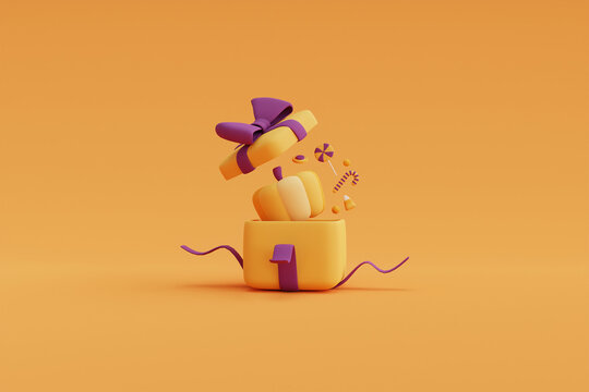 Opened 3d gift box with Pumpkin and Halloween candies on yellow background.Happy Halloween concept .3d render.