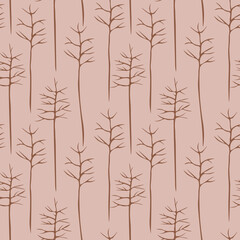 Creative seamless pattern. Brown stylish trees without leaves on a pink background. Vector landscape texture for wallpapers, covers, fabric printing, digital paper, banners and other designs