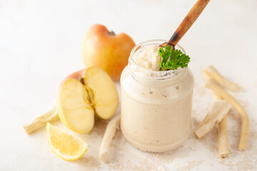 Apple horse-radish sauce for meat in jar and ingredients. Austrian dish Apfelkren