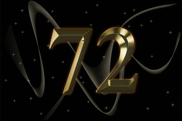 Golden luxury number 72 isolated on black background with gold accents.