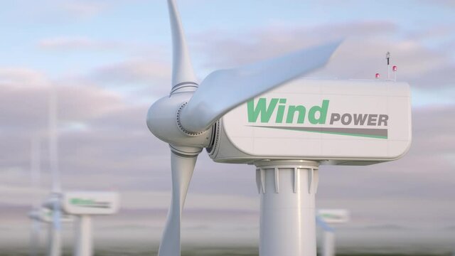 Video 4K closeup of large wind turbine seen from above with generic "Wind Power" logo. 