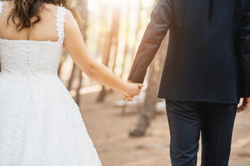 Fototapeta na wymiar Bride and groom together, and holding hands against to the deep forest view. Wedding concept