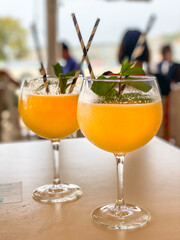 Fresh lemon smoothi with straw, Mallorca, Spain
