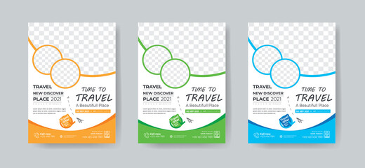 Travel flyer template design with contact and venue details. Summer travel agency promotion design template.