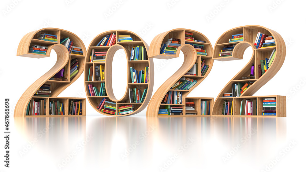 Aufkleber 2022 new year education concept. bookshelves with books in the form of text 2022.