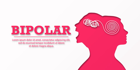 BIPOLAR DISORDER. Banner for medical institutions. Silhouette two faces. The concept of mental destruction of the personality. Woman suffering from bipolar disorder. Split personality. Psychology. 