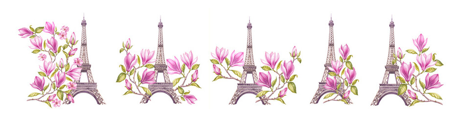 Fototapeta na wymiar Watercolor elements of the Eiffel tower. Set magnolia flowers. Collection botanic illustration leaves, flower and branches.