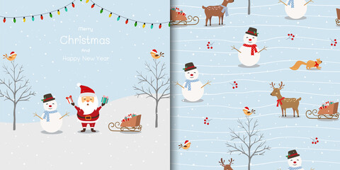 Christmas seamless pattern with greeting card on winter background for happy holiday,celebrate party,decorative,fabric,textile,kid product or wallpaper