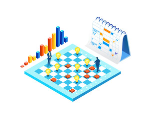 Isometric environment design with lots of business people working on the chess board