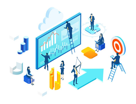 Isometric Environment Design With Lots Of Business People Working In Data Centre, Achievement, Goal, Analysing And Controlling Idea