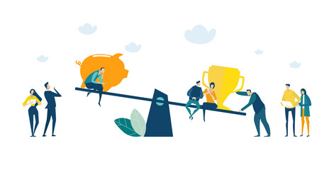 Business people, creative team and scale. People measuring golden pig VS garden trophy. Money or trophy