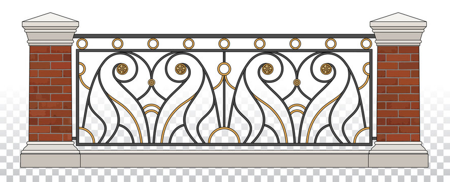 Classic Iron Fence With Red Brick Pillars. Gold Decor. Vintage. Vector. Wrought Iron Railing. Handrails. Art Nouveau Luxury Modern Architecture. Ornamental Fence. Palace. City. Street. Blacksmithing.
