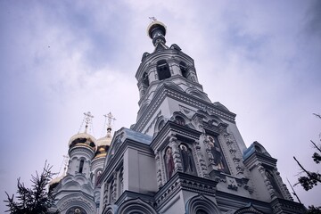 Russian Orthodox church Saint Peter and Paul Cathedral with golden towers at Karlovy Vary, Czech republic