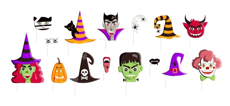 Halloween photo booth set with masks for party. Vector illustration
