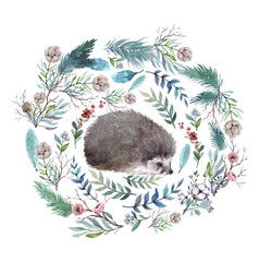 Watercolor forest animals with leaves and flowers Forest friends on a white background Sketch with forest animals Watercolor hedgehog on a white background