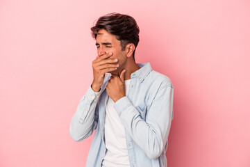 Young mixed race man isolated on white background suffers pain in throat due a virus or infection.