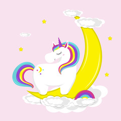 Cute unicorn stands on moon. flat vector illustration.