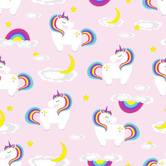 Pattern of cute unicorn stands on moon. flat vector illustration.