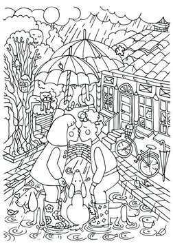 First kiss of girl and boy under an umbrella during the rain. Coloring book, colouring page for kids, adult. Sketch vector illustration.