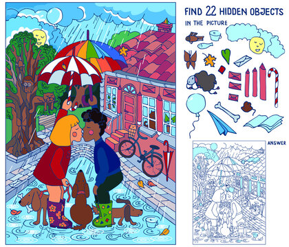 Find 22 hidden objects in the picture. First Kiss of Girl and Boy under an Umbrella during the Rain. Puzzle Hidden Items. Logic game educational. Sketch vector illustration.