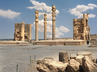 Gate of All Nations (Xerxes Gate) with stone statues of bulls in ancient city Persepolis, Iran....