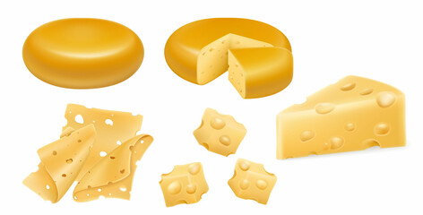 Set of cheese wheels and slices isolated on white background. Food object, realistic 3D vector. Cheese head, cubes and pieces of hard cheese isolated on white background.