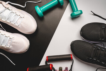 Flat lay sport with sport shoes on white and blackbackground. Concept healthy lifestyle, sport and diet