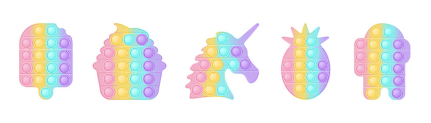 Set of 5 forms pop it a fashionable silicon toys for fidgets. Addictive anti-stress toy in pastel colors. Bubble sensory developing popit for kids. Vector illustration isolated on a white background. - obrazy, fototapety, plakaty