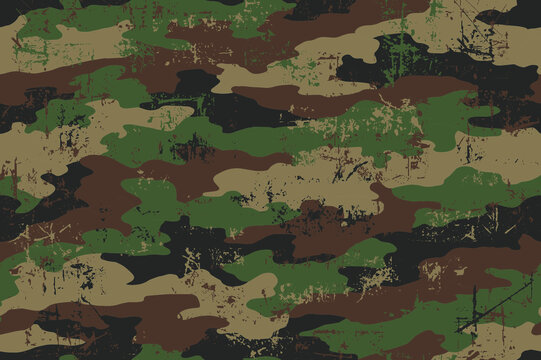 Camouflage seamless pattern. Grunge and scratch texture. Four colors. Tan, black, brown and green.
