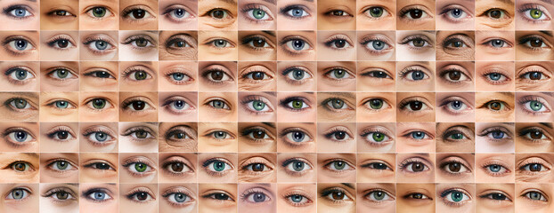Collage of many different eyes. Ophthalmology and vision correction concept