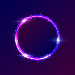 Neon circle light effect and particles glow, abstract magic flare sparkle ring glowing