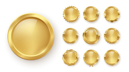 Gold medal with laurel wreath, circle award set, 3d golden winner badge medallion - obrazy, fototapety, plakaty