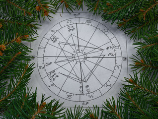 Printed astrology wheel surrounded  with fir tree branches