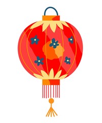 Chinese New Year paper lantern. Traditional Asian festival vector illustration. Lamp with pattern and drawings and light inside on white background