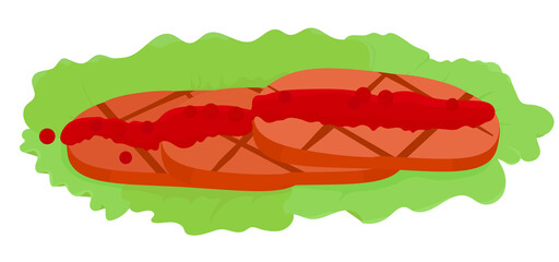 Fried beef in sweet lingonberry and cranberry  sauce . Chopped grilled meat with cherry jam on green salad isolated on white. Vector cartoon illustration.