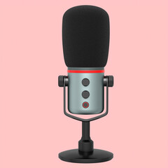 3D rendering of silver studio condenser microphone isolated on pink background