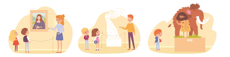 Children on museum trip set. Kids looking at art, sculpture, ancient history vector illustration. School excursion scenes with guides on white background. Educational exhibits - obrazy, fototapety, plakaty