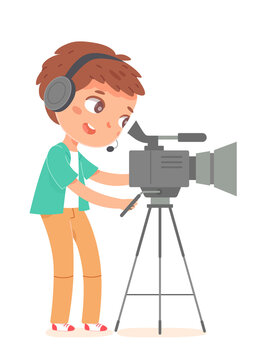 Movie cinema production and kid cameraman, operator videographer boy recording video film